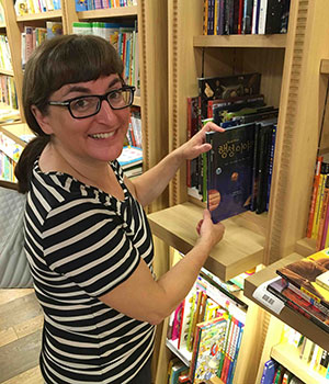 Joan Marie Galat finds one of her Dot to Dot in the Sky books in a bookstore in Korea