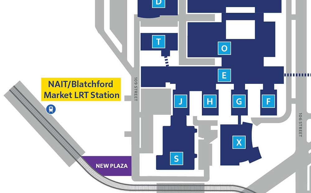 map of nait main campus including nait/blatchford market lrt station