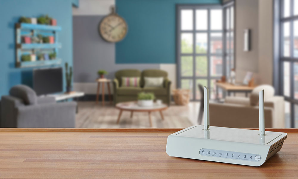 router in a living room with blue walls