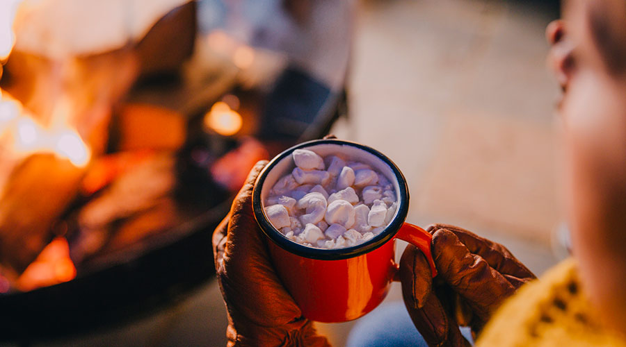 winter firepit and hot chocolate