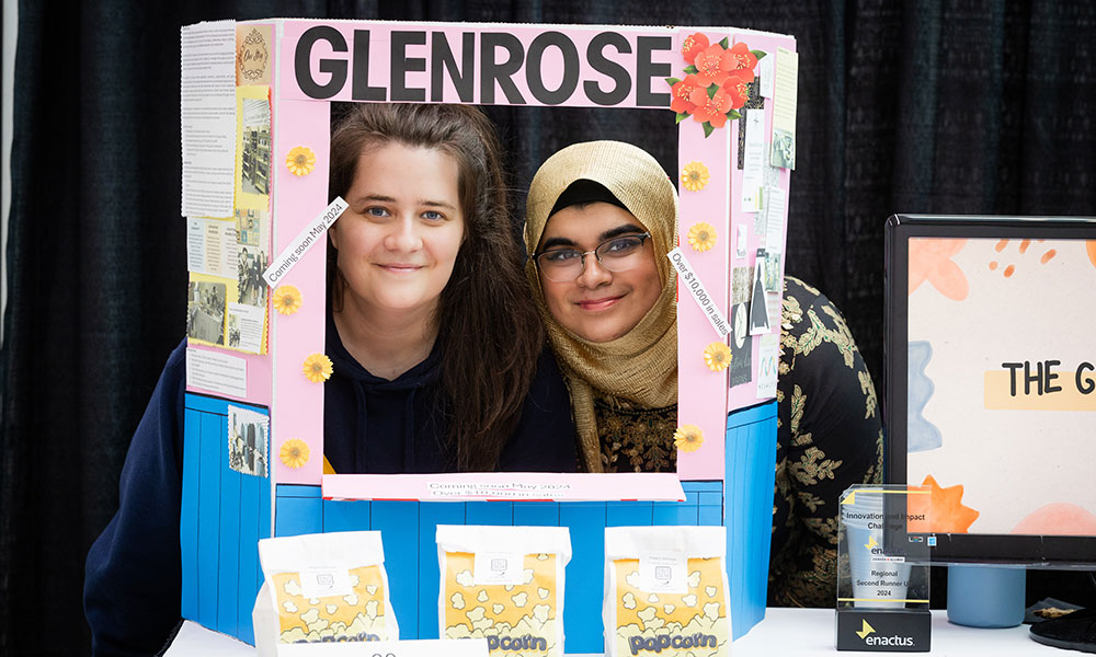 portrait of nait students yasmin lavoie-khatib and mariam arain in frame that says glenrose across the top